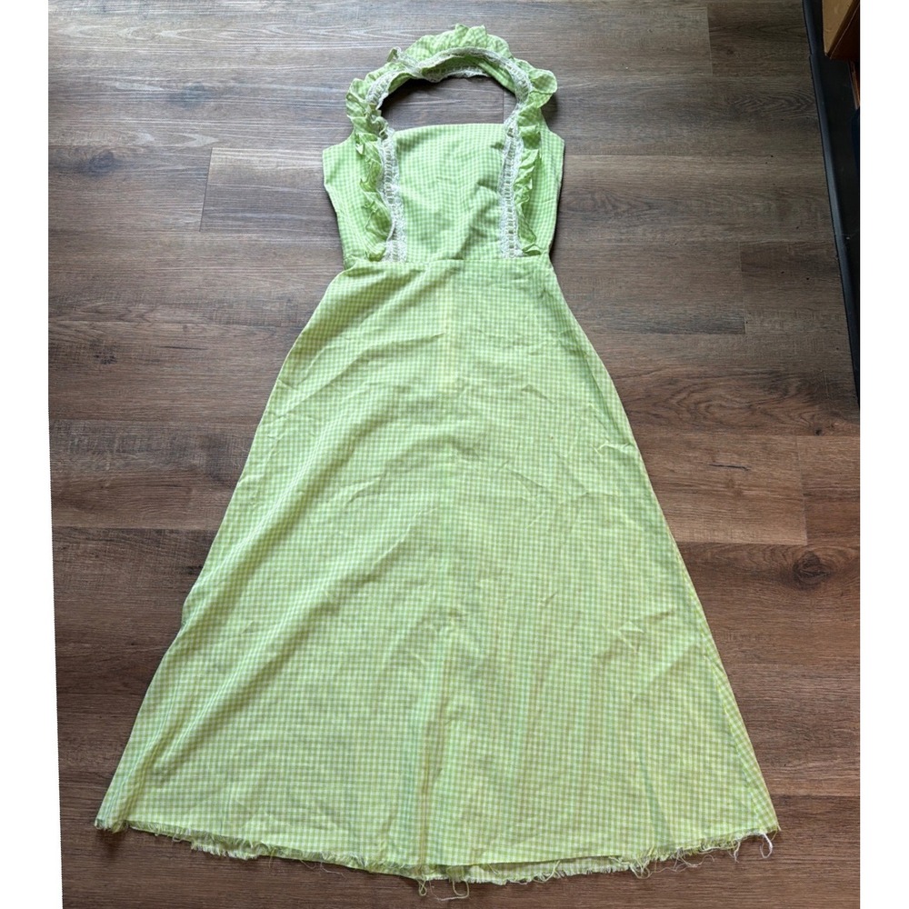 Vintage Montgomery Ward Lime Green Gingham Ruffle Lace Maxi Dress Size 8 B